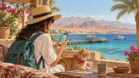 Туристка с телефоном на террасе у Красного моря