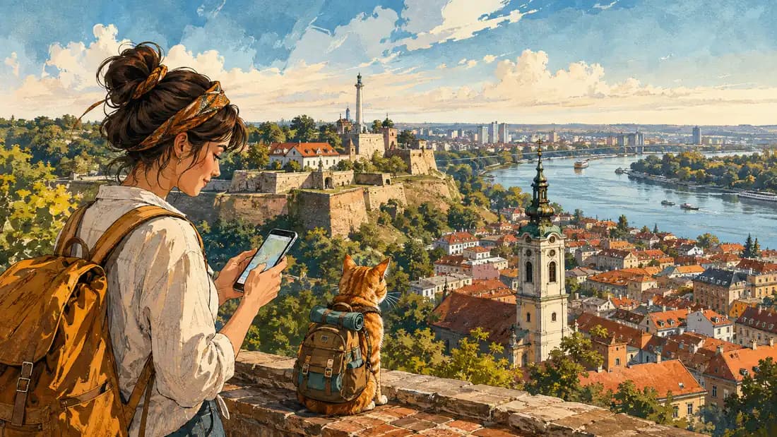 Путешественник со смартфоном и котом на фоне Белграда