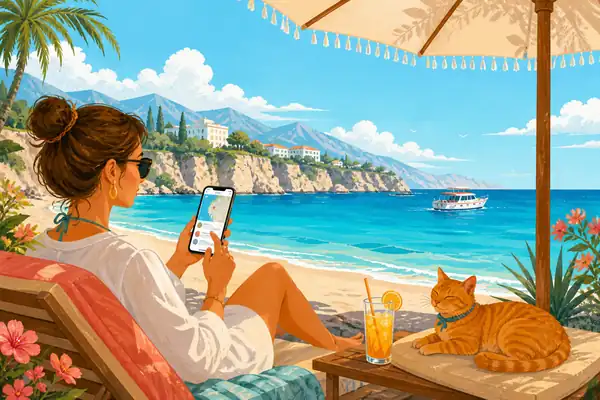 Туристка пользуется смартфоном на пляже Анталии рядом с рыжим котом