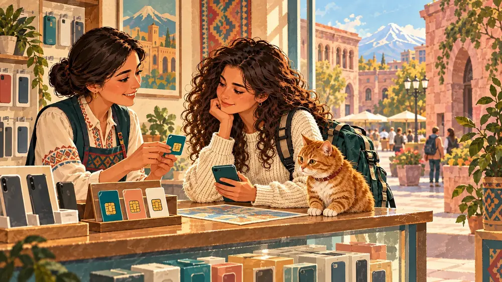 Путешественница с котом SimCat: SIM-карта или eSIM в Армении: что выбрать для поездки