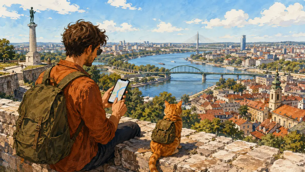 Туристка с телефоном и рыжим котом у Белградской крепости