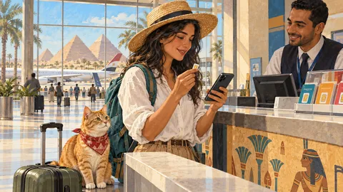 Туристка с котом сравнивает SIM-карту и eSIM у стойки в египетском аэропорту