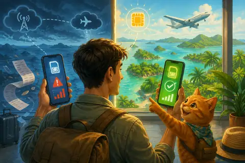 Туристка с рыжим котом сравнивает роуминг и eSIM перед перелётом в Индонезию