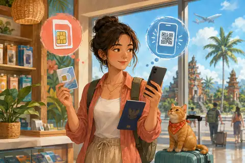 Туристка с паспортом и смартфоном выбирает SIM-карту в Индонезии рядом с рыжим котом