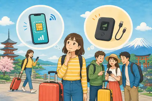 Путешественница в Японии выбирает между eSIM в смартфоне и карманным Wi-Fi роутером