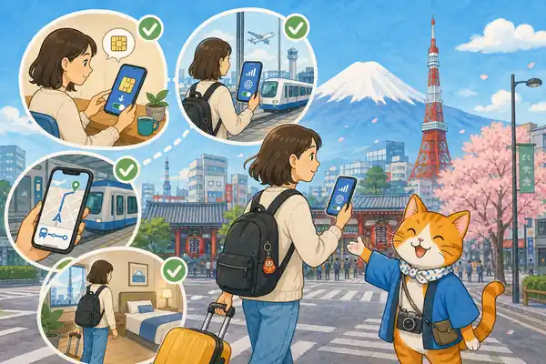 Кот-гид встречает туристку с работающей eSIM, картой и чемоданом на улице Токио