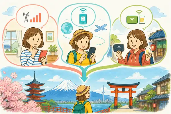 Три путешественницы сравнивают домашний роуминг, eSIM и Pocket Wi-Fi перед поездкой в Японию