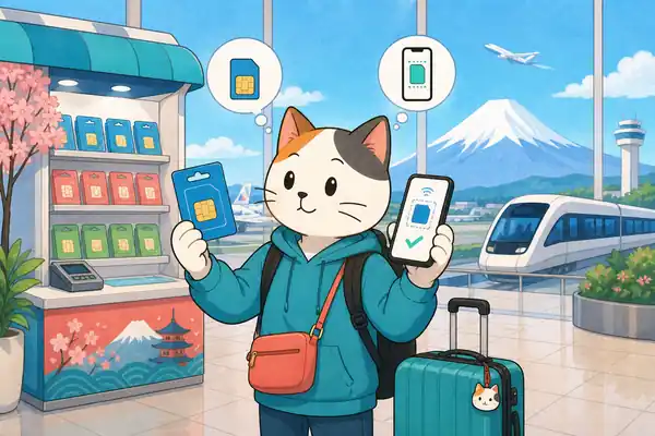 Рыжий кот-турист выбирает физическую SIM и eSIM у стойки связи в японском аэропорту
