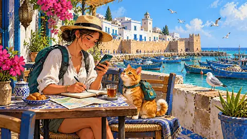 Туристка с котом рассчитывает пакет интернета в кафе у гавани Эс-Сувейры