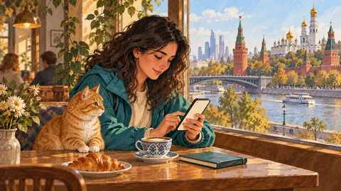 Путешественница с телефоном и рыжим котом в московском кафе