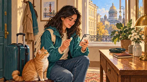 Путешественница сравнивает телефон и SIM-карту перед поездкой