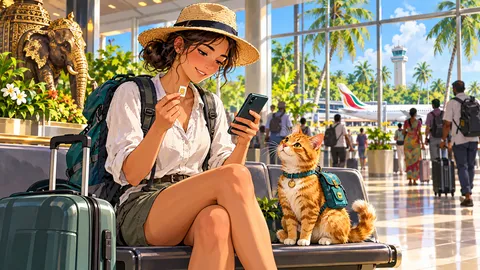 Туристка сравнивает SIM-карту и телефон в аэропорту Шри-Ланки