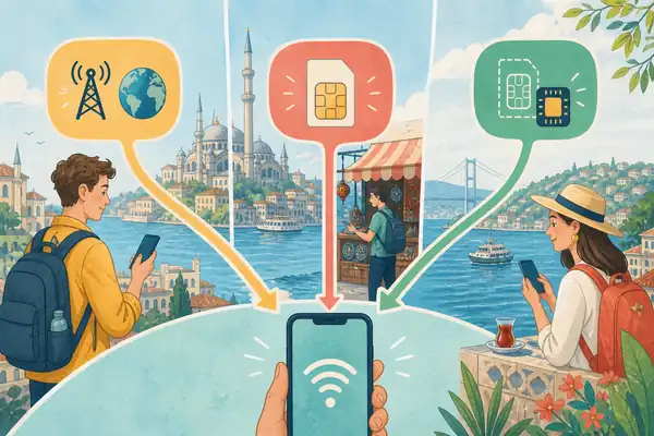 Сравнение роуминга, местной SIM-карты и eSIM на фоне Стамбула