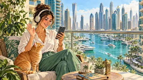 Туристка с телефоном и наушниками на балконе в Дубай Марине